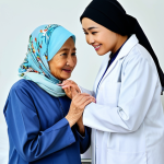 한의사 자기소개서 작성법 - A confident female doctor in a modern clinic setting, wearing a hijab and a modest lab coat, consult...