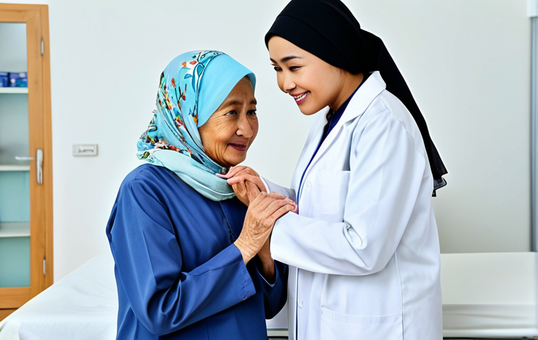 한의사 자기소개서 작성법 - A confident female doctor in a modern clinic setting, wearing a hijab and a modest lab coat, consult...